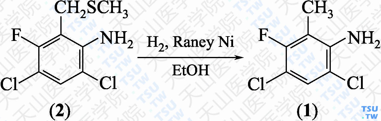 2，4-二氯-5-氟-6-甲基苯胺（分子式：C<sub>7</sub>H<sub>6</sub>Cl<sub>2</sub>FN）的合成方法路线及其结构式