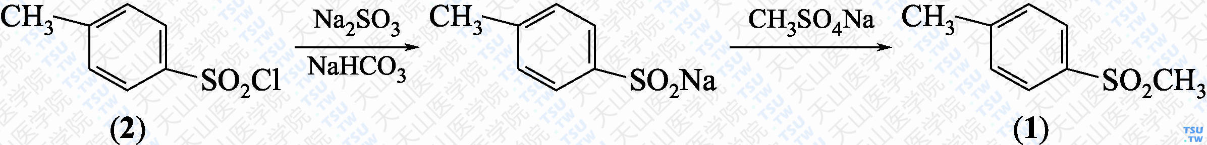 甲基对甲苯基砜（分子式：C<sub>8</sub>H<sub>10</sub>O<sub>2</sub>S）的合成方法路线及其结构式