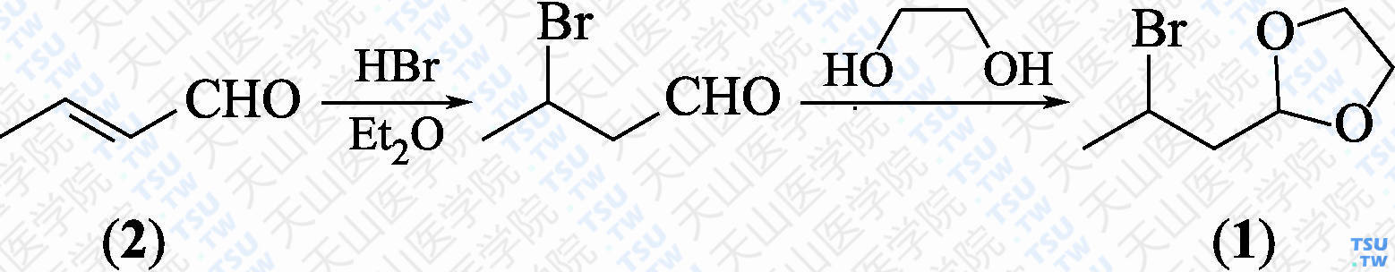 3-溴丁醛缩乙二醇（分子式：C<sub>6</sub>H<sub>11</sub>BrO<sub>2</sub>）的合成方法路线及其结构式