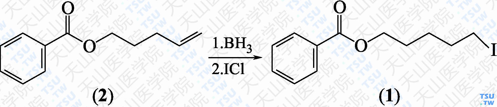 1-苯甲酰氧基-5-碘戊烷（分子式：C<sub>12</sub>H<sub>15</sub>IO<sub>2</sub>）的合成方法路线及其结构式