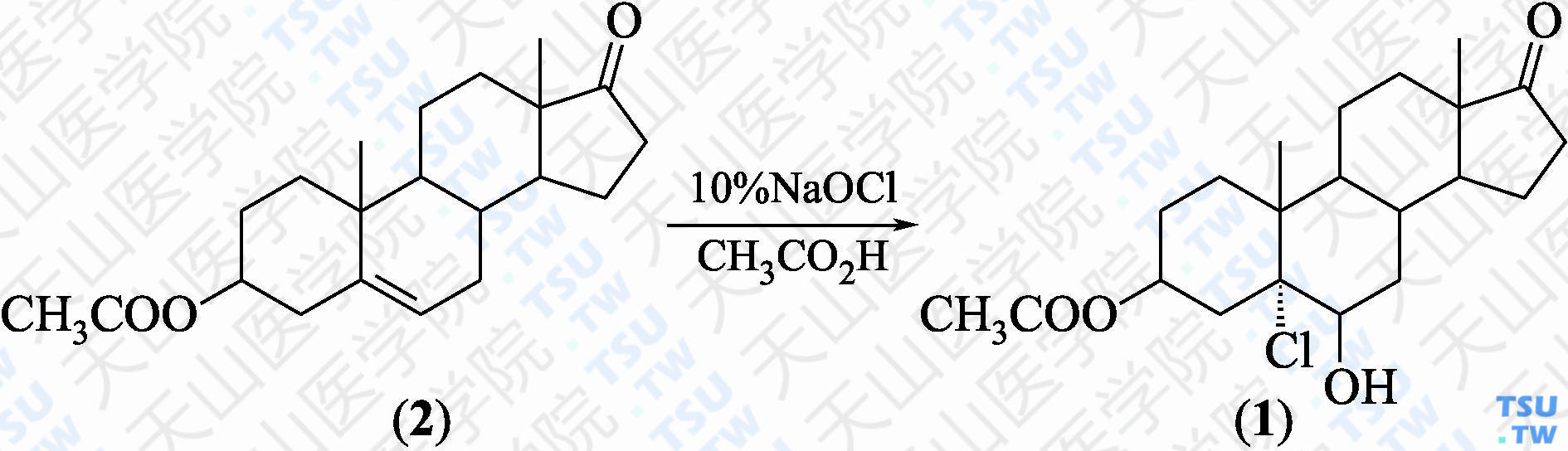 5-氯-6-羟基-10，13-二甲基-17-氧代十六氢-1<i>H</i>-环戊[<i>α</i>]菲-3-基醋酸酯（分子式：C<sub>21</sub>H<sub>31</sub>ClO<sub>4</sub>）的合成方法路线及其结构式