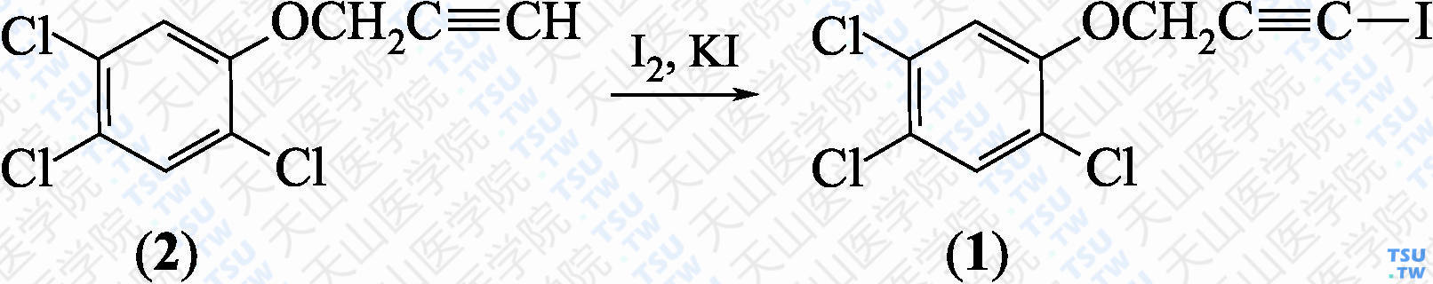 2，4，5-三氯苯基-<i>γ</i>-碘代丙炔醚（分子式：C<sub>9</sub>H<sub>4</sub>Cl<sub>3</sub>IO）的合成方法路线及其结构式
