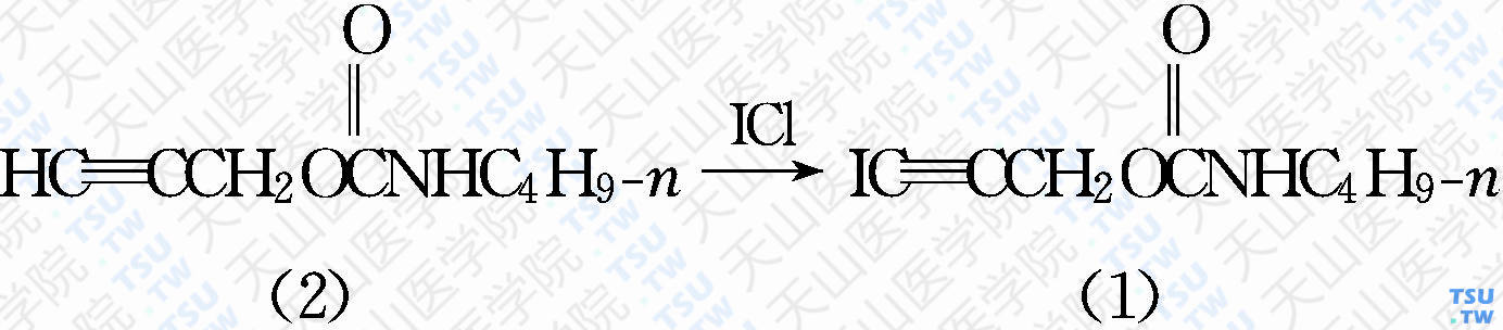 丁基氨基甲酸3-碘-2-丙炔酯（分子式：C<sub>8</sub>H<sub>12</sub>NO<sub>2</sub>I）的合成方法路线及其结构式