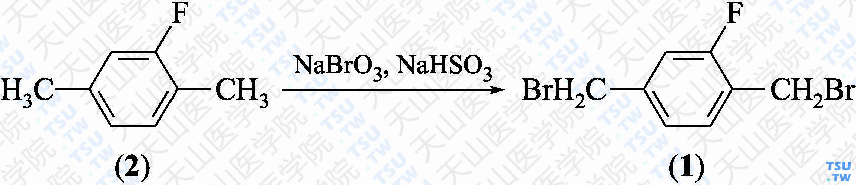 2，5-二溴甲基氟苯（分子式：C<sub>8</sub>H<sub>7</sub>Br<sub>2</sub>F）的合成方法路线及其结构式