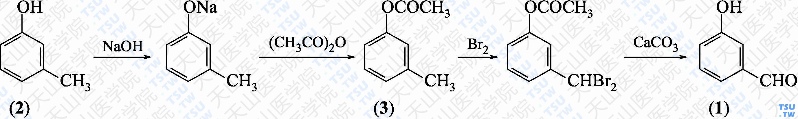 间羟基苯甲醛（分子式：C<sub>7</sub>H<sub>6</sub>O<sub>2</sub>）的合成方法路线及其结构式