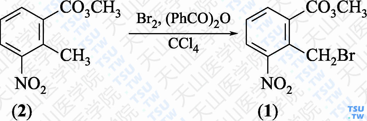 2-溴甲基-3-硝基苯甲酸甲酯（分子式：C<sub>9</sub>H<sub>8</sub>BrNO<sub>5</sub>）的合成方法路线及其结构式