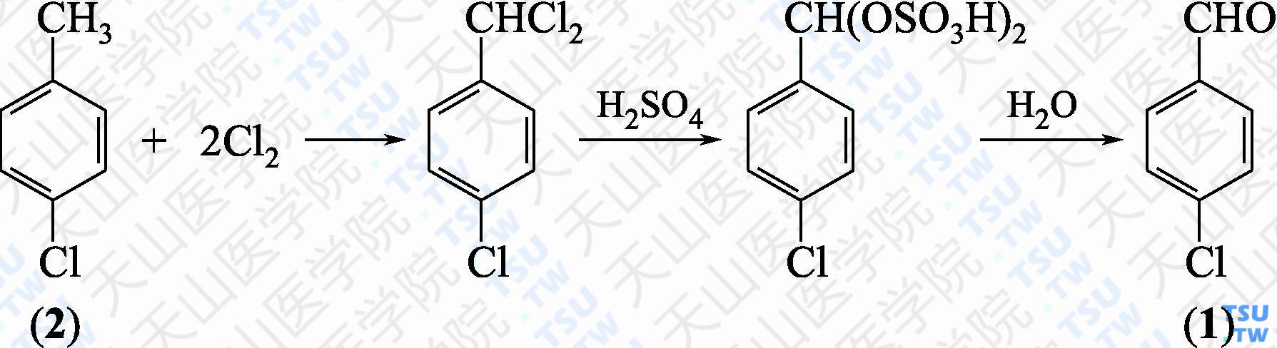 对氯苯甲醛（分子式：C<sub>7</sub>H<sub>5</sub>ClO）的合成方法路线及其结构式