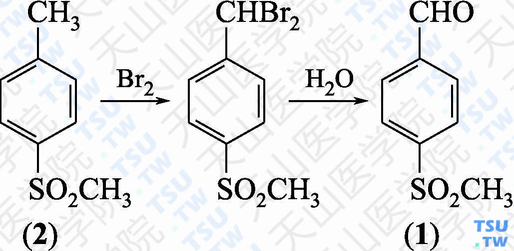 对甲砜基苯甲醛（分子式：C<sub>8</sub>H<sub>8</sub>O<sub>3</sub>S）的合成方法路线及其结构式