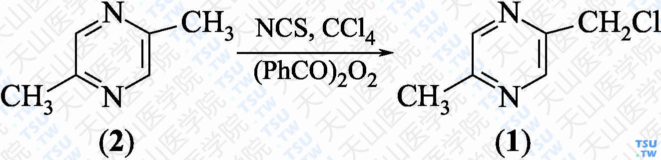 5-甲基-2-氯甲基吡嗪（分子式：C<sub>6</sub>H<sub>7</sub>ClN<sub>2</sub>）的合成方法路线及其结构式