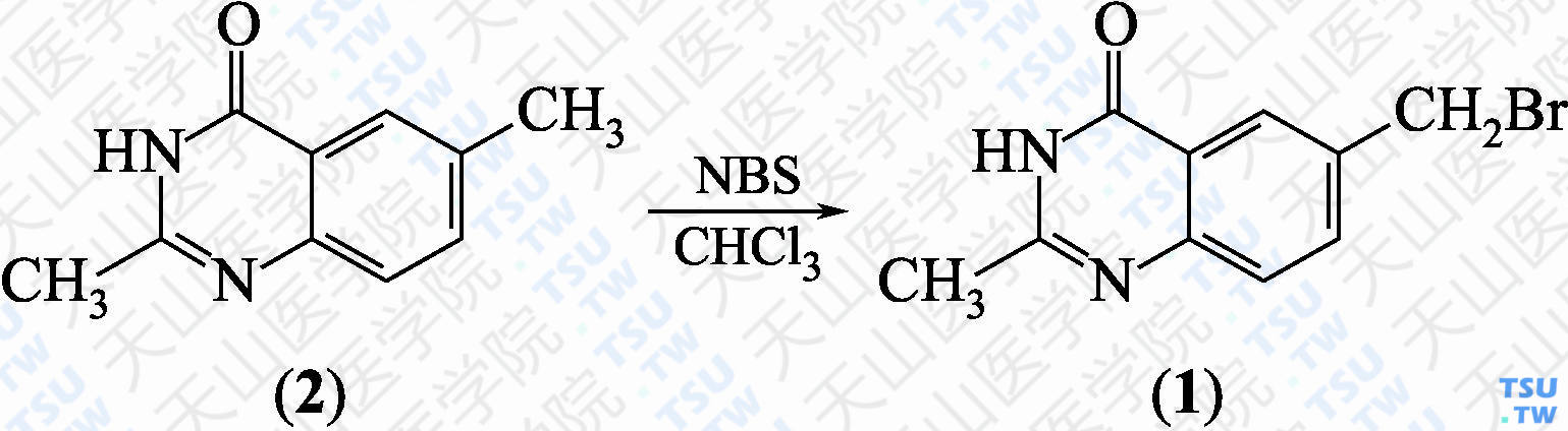 6-溴甲基-2-甲基-喹唑啉-4（3<i>H</i>）-酮（分子式：C<sub>10</sub>H<sub>9</sub>BrN<sub>2</sub>O）的合成方法路线及其结构式