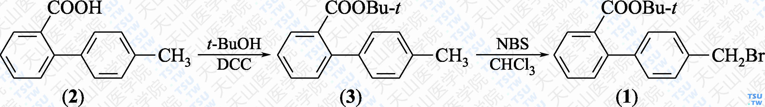 4'-溴甲基联苯-2-甲酸叔丁酯（分子式：C<sub>18</sub>H<sub>19</sub>BrO<sub>2</sub>）的合成方法路线及其结构式