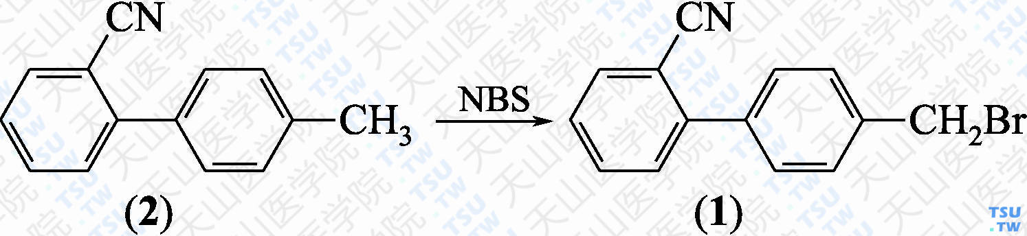 2-氰基-4'-溴甲基联苯（分子式：C<sub>14</sub>H<sub>10</sub>BrN）的合成方法路线及其结构式