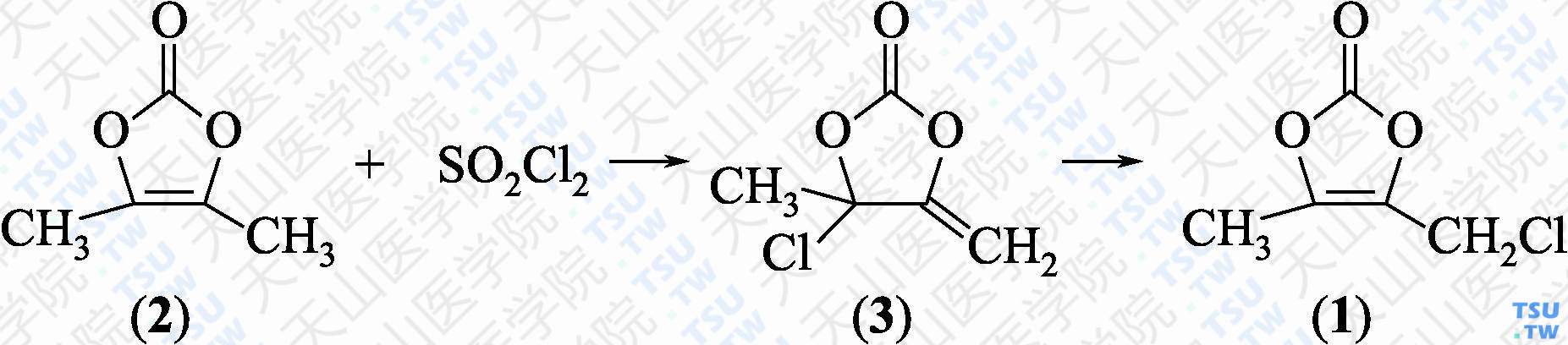 4-氯甲基-5-甲基-1，3-二氧杂环戊烯-2-酮（分子式：C<sub>5</sub>H<sub>5</sub>ClO<sub>3</sub><sub>）的合成方法路线及其结构式