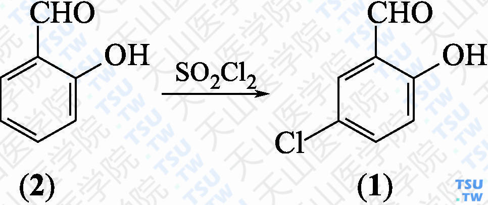 5-氯-2-羟基-苯甲醛（分子式：C<sub>7</sub>H<sub>5</sub>ClO<sub>2</sub>）的合成方法路线及其结构式