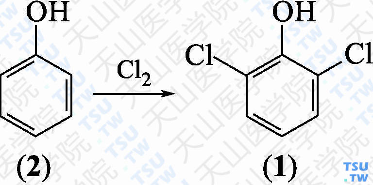 2，6-二氯苯酚（分子式：C<sub>6</sub>H<sub>4</sub>Cl<sub>2</sub>O）的合成方法路线及其结构式