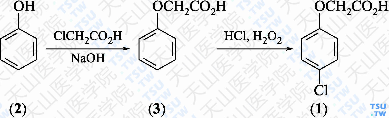 对氯苯氧乙酸（分子式：C<sub>8</sub>H<sub>7</sub>ClO<sub>3</sub>）的合成方法路线及其结构式