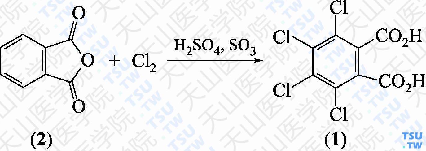 四氯邻苯二甲酸（分子式：C<sub>8</sub>H<sub>2</sub>Cl<sub>4</sub>O<sub>4</sub>）的合成方法路线及其结构式