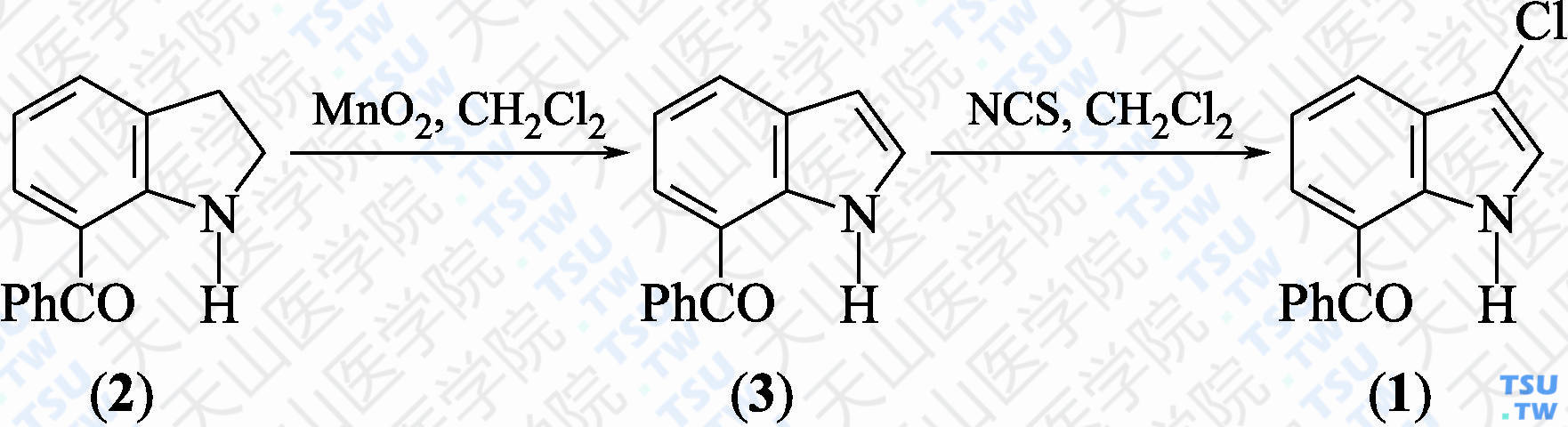 3-氯-7-苯甲酰基吲哚（分子式：C<sub>15</sub>H<sub>10</sub>ClNO）的合成方法路线及其结构式