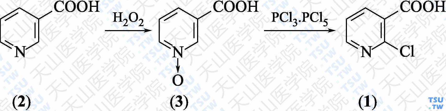 2-氯尼克酸（分子式：C<sub>6</sub>H<sub>4</sub>ClNO<sub>2</sub>）的合成方法路线及其结构式