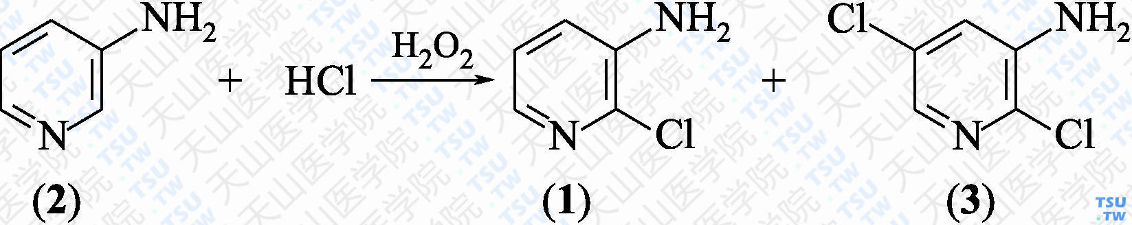 2-氯-3-氨基吡啶（分子式：C<sub>5</sub>H<sub>5</sub>ClN<sub>2</sub>）的合成方法路线及其结构式