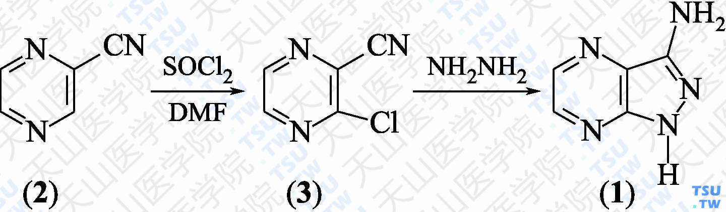 3-氨基-1<i>H</i>-吡唑并[3，4-<i>b</i>]吡嗪（分子式：C<sub>5</sub>H<sub>5</sub>N<sub>5</sub>）的合成方法路线及其结构式