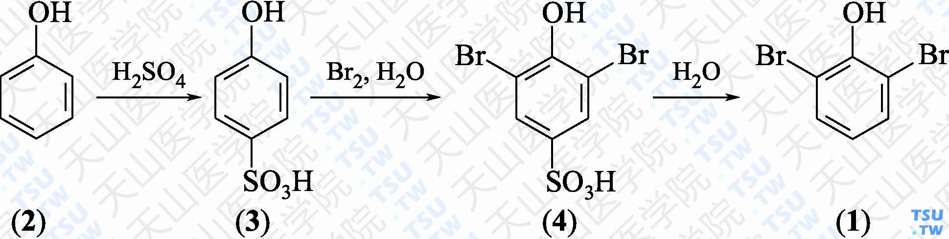 2，6-二溴苯酚（分子式：C<sub>6</sub>H<sub>4</sub>OBr<sub>2</sub>）的合成方法路线及其结构式