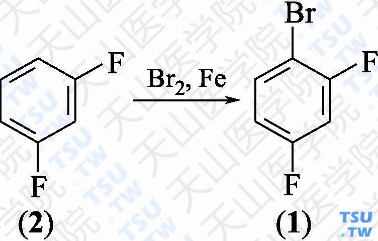 2，4-二氟溴苯（分子式：C<sub>6</sub>H<sub>3</sub>BrF<sub>2</sub>）的合成方法路线及其结构式
