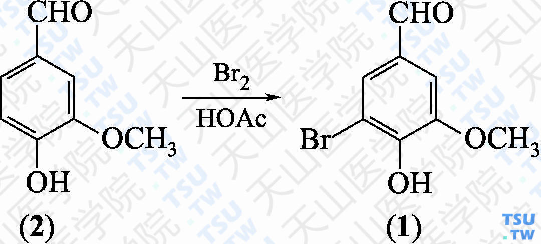 3-溴-4-羟基-5-甲氧基苯甲醛（分子式：C<sub>8</sub>H<sub>7</sub>BrO<sub>3</sub>）的合成方法路线及其结构式