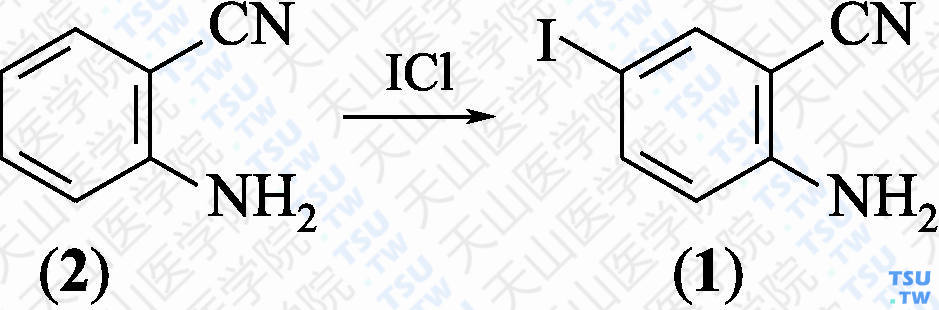 2-氨基-5-碘苯甲腈（分子式：C<sub>7</sub>H<sub>5</sub>IN<sub>2</sub>）的合成方法路线及其结构式