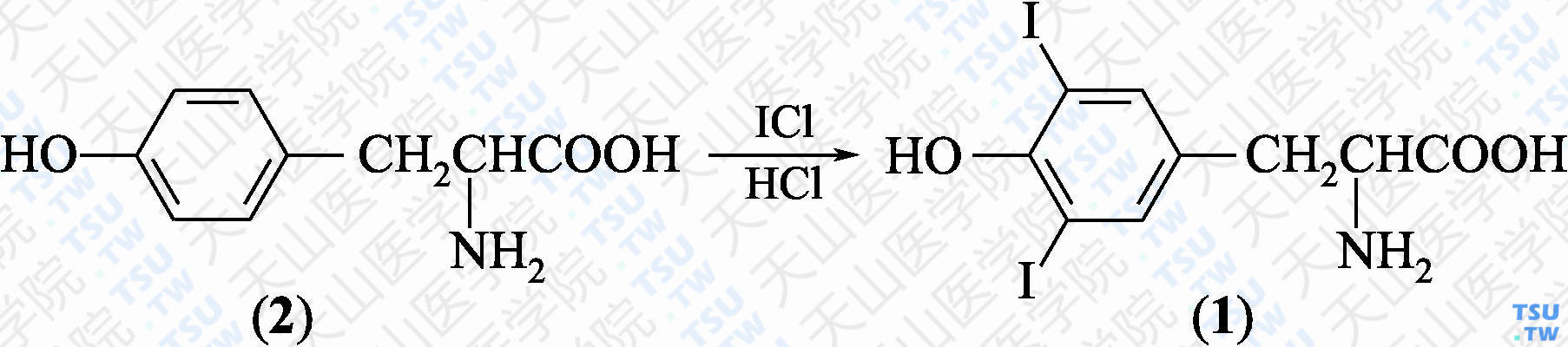 3，5-二碘-L-酪氨酸（分子式：C<sub>9</sub>H<sub>9</sub>I<sub>2</sub>NO<sub>3</sub>）的合成方法路线及其结构式