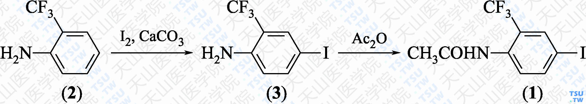 4-碘-2-三氟甲基-乙酰苯胺（分子式：C<sub>9</sub>H<sub>7</sub>F<sub>3</sub>INO）的合成方法路线及其结构式