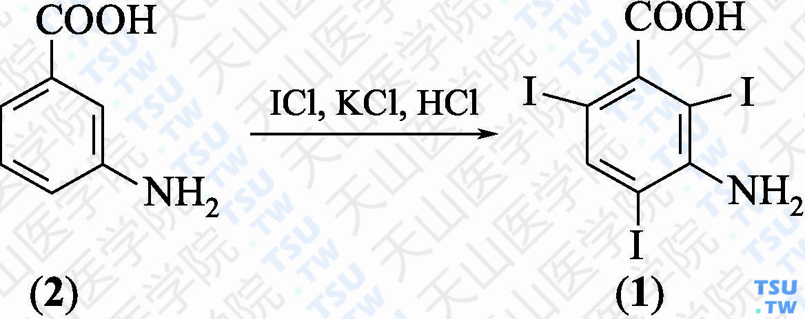 3-氨基-2，4，6-三碘苯甲酸（分子式：C<sub>7</sub>H<sub>4</sub>I<sub>3</sub>NO<sub>2</sub>）的合成方法路线及其结构式