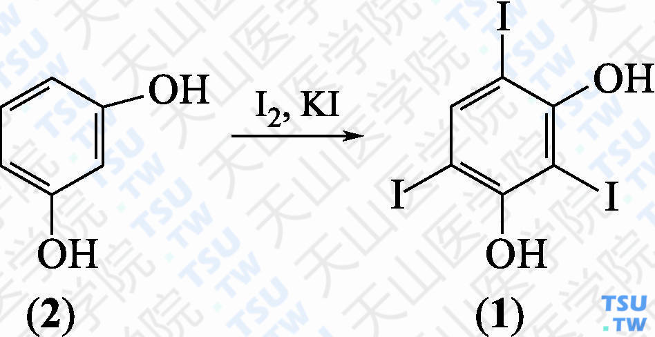 2，4，6-三碘-1，3-苯二酚（分子式：C<sub>6</sub>H<sub>3</sub>I<sub>3</sub>O<sub>2</sub>）的合成方法路线及其结构式