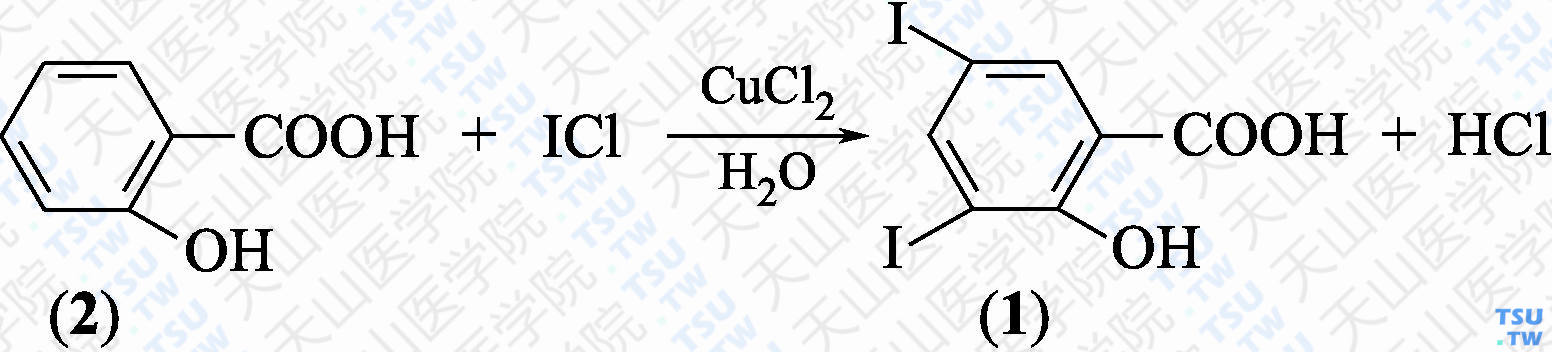 3，5-二碘水杨酸（分子式：C<sub>7</sub>H<sub>4</sub>I<sub>2</sub>O<sub>3</sub>）的合成方法路线及其结构式