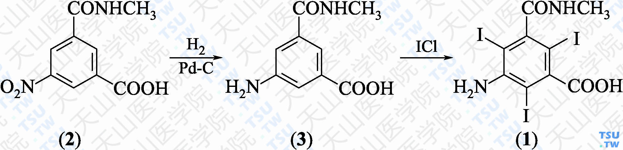 3-氨基-2，4，6-三碘-5-（甲氨基羰基）苯甲酸（分子式：C<sub>9</sub>H<sub>7</sub>I<sub>3</sub>N<sub>2</sub>O<sub>3</sub>）的合成方法路线及其结构式