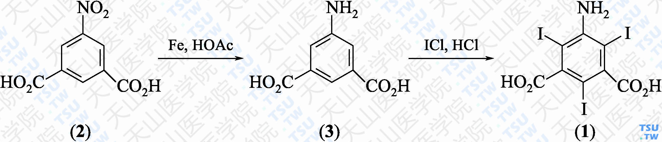 5-氨基-2，4，6-三碘间苯二甲酸（分子式：C<sub>8</sub>H<sub>4</sub>I<sub>3</sub>NO<sub>4</sub>）的合成方法路线及其结构式