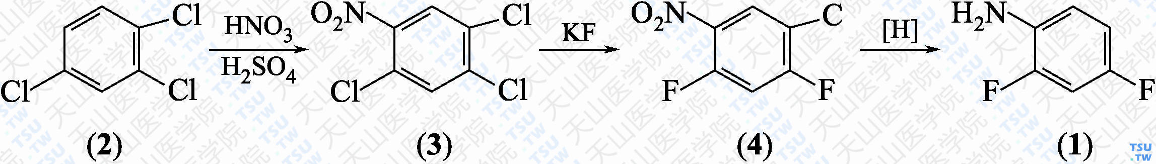 2，4-二氟苯胺（分子式：C<sub>6</sub>H<sub>5</sub>F<sub>2</sub>N）的合成方法路线及其结构式
