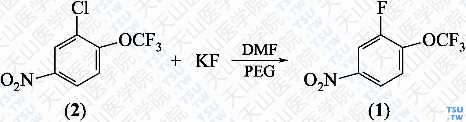 2-氟-4-硝基-<i>α</i>，<i>α</i>，<i>α</i>-三氟甲氧基苯（分子式：C<sub>7</sub>H<sub>3</sub>F<sub>4</sub>NO<sub>3</sub>）的合成方法路线及其结构式