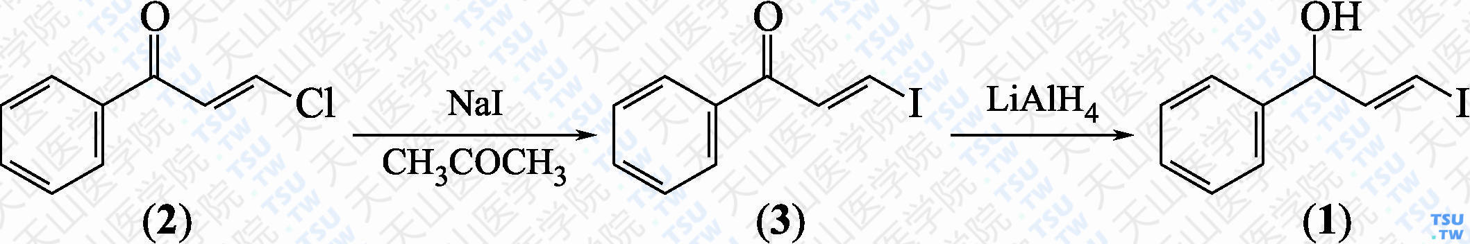 （<i>E</i>）-3-碘-1-苯基丙-2-烯-1-醇（分子式：C<sub>9</sub>H<sub>9</sub>IO）的合成方法路线及其结构式