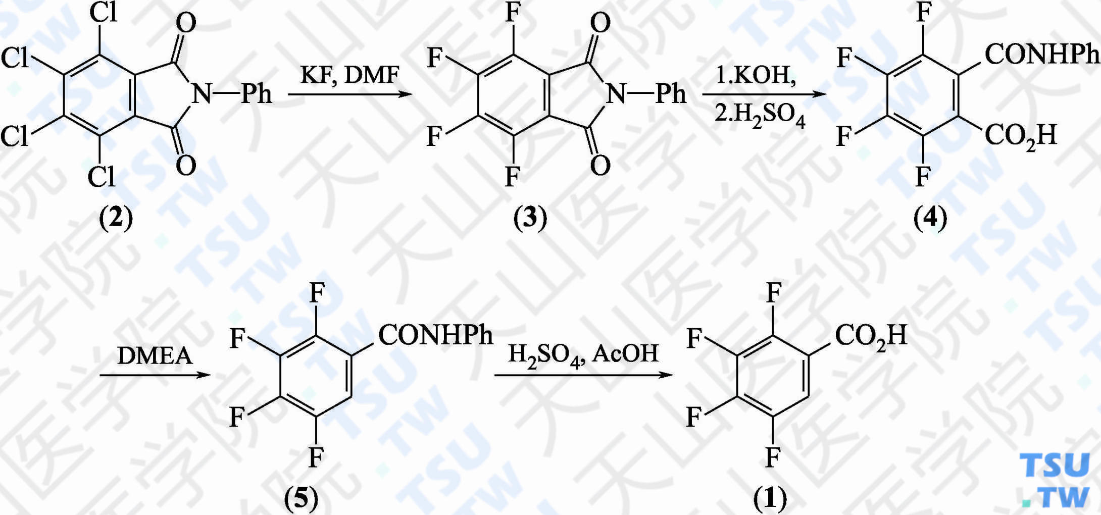 2，3，4，5-四氟苯甲酸（分子式：C<sub>7</sub>H<sub>2</sub>F<sub>4</sub>O<sub>2</sub>）的合成方法路线及其结构式