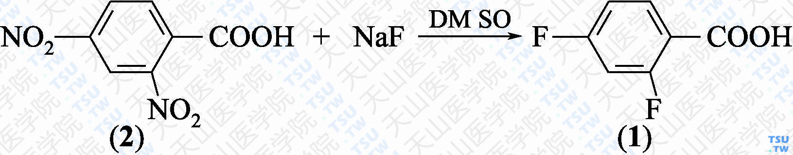 2，4-二氟苯甲酸（分子式：C<sub>7</sub>H<sub>4</sub>F<sub>2</sub>O<sub>2</sub>）的合成方法路线及其结构式