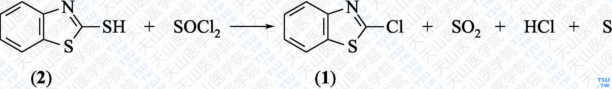 2-氯代苯并噻唑（分子式：C<sub>7</sub>H<sub>4</sub>ClNS）的合成方法路线及其结构式