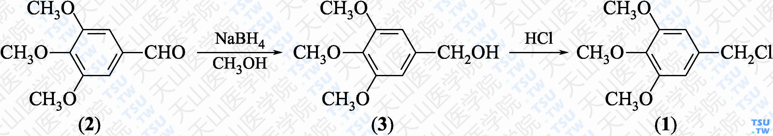 3，4，5-三甲氧基苄基氯（分子式：C<sub>10</sub>H<sub>13</sub> ClO<sub>3</sub>）的合成方法路线及其结构式