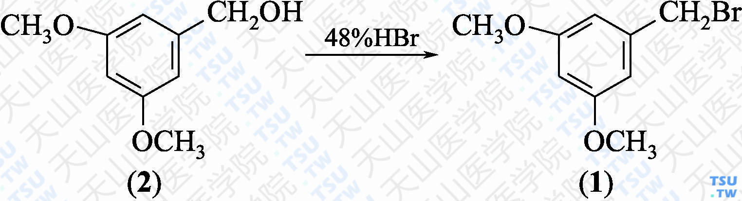 3，5-二甲氧基苄基溴（分子式：C<sub>9</sub>H<sub>11</sub>O<sub>2</sub>Br）的合成方法路线及其结构式