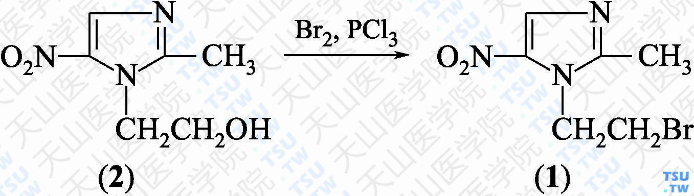 1-（2-溴乙基）-2-甲基-5-硝基-1<i>H</i>-咪唑（分子式：C<sub>6</sub>H<sub>8</sub>BrN<sub>3</sub>O<sub>2</sub>）的合成方法路线及其结构式