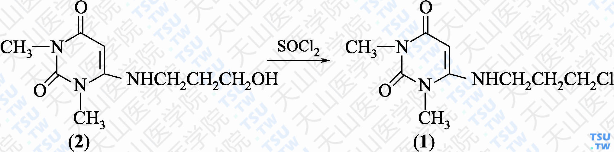 1，3-二甲基-6-（3-氯丙基）氨基尿嘧啶（分子式：C<sub>9</sub>H<sub>14</sub>ClN<sub>3</sub>O）的合成方法路线及其结构式