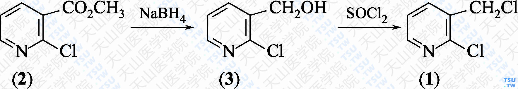 2-氯-3-氯甲基吡啶（分子式：C<sub>6</sub>H<sub>5</sub>Cl<sub>2</sub>N）的合成方法路线及其结构式