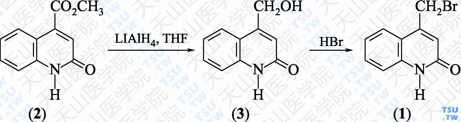 4-溴甲基-2（1<i>H</i>）-喹啉酮（分子式：C<sub>10</sub>H<sub>8</sub>BrNO）的合成方法路线及其结构式