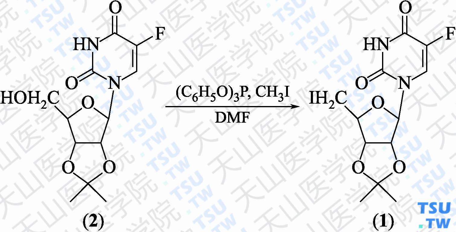 5'-脱氧-5'-碘-2'，3'-<i>O</i>-异亚丙基-5-氟尿苷（分子式：C<sub>12</sub>H<sub>14</sub>N<sub>2</sub>O<sub>5</sub>FI）的合成方法路线及其结构式