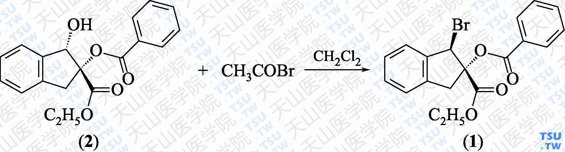 （1<i>R</i>，2<i>S</i>）-2-苯甲酰氧基-1-溴-2，3-二氢-1<i>H</i>-茚-2-羧酸乙酯（分子式：C<sub>19</sub>H<sub>17</sub>BrO<sub>4</sub>）的合成方法路线及其结构式